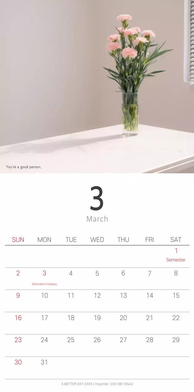 White clean botanical nature calendar