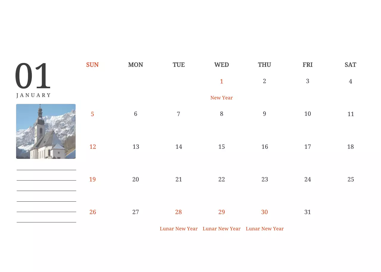 Kalender konsep fotografis yang menampilkan gereja dalam lukisan lanskap