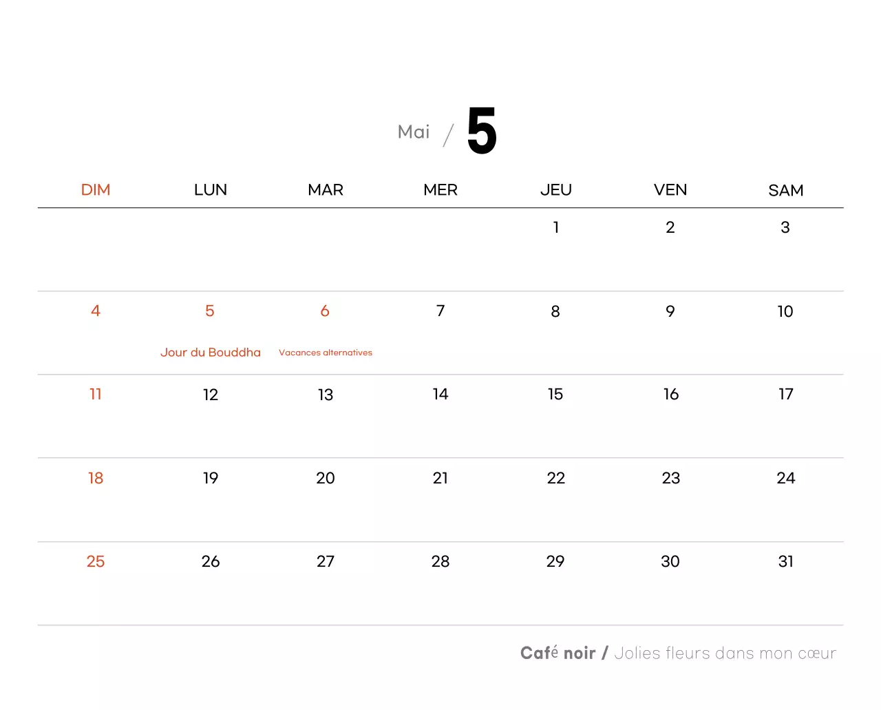 Calendrier minimaliste gris pour le café