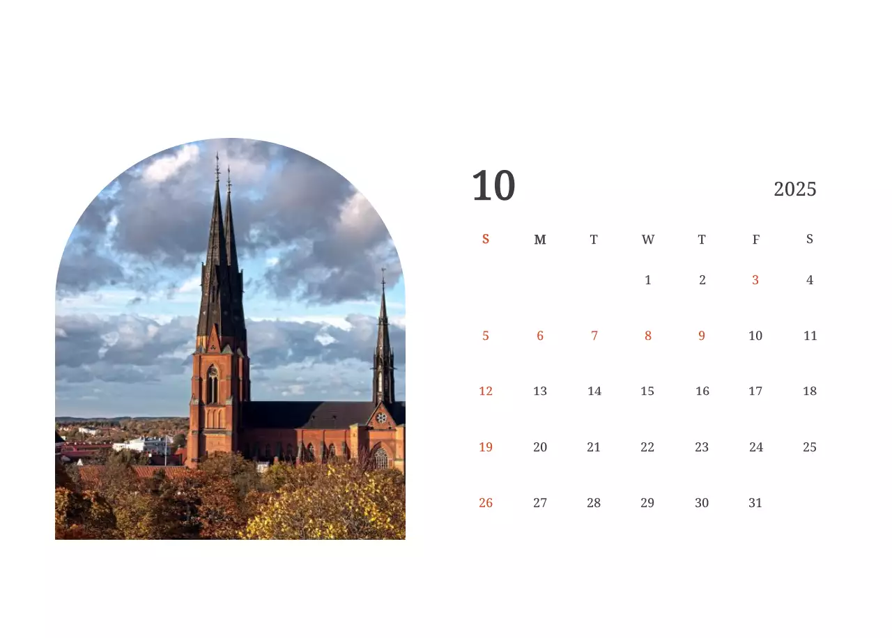 Kalender konsep fotografis yang menampilkan gereja dalam lukisan lanskap