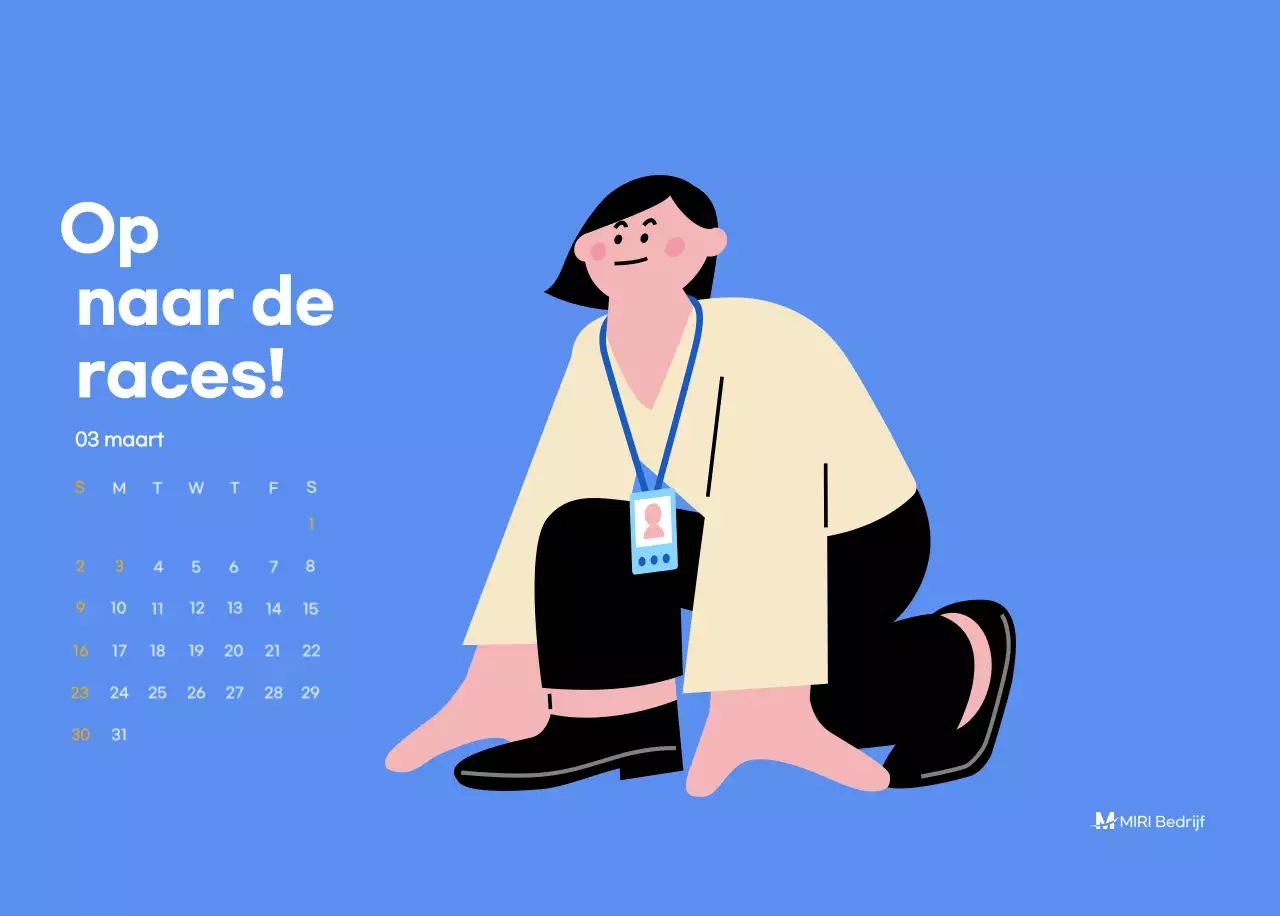 Motiverende kalender met energieke illustraties en positieve citaten op een lichtblauwe achtergrond