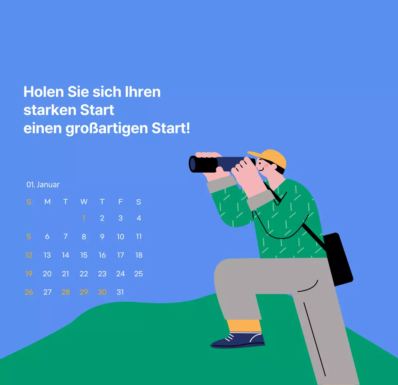 Motivationskalender mit energiegeladenen Illustrationen und positiven Zitaten auf hellblauem Hintergrund