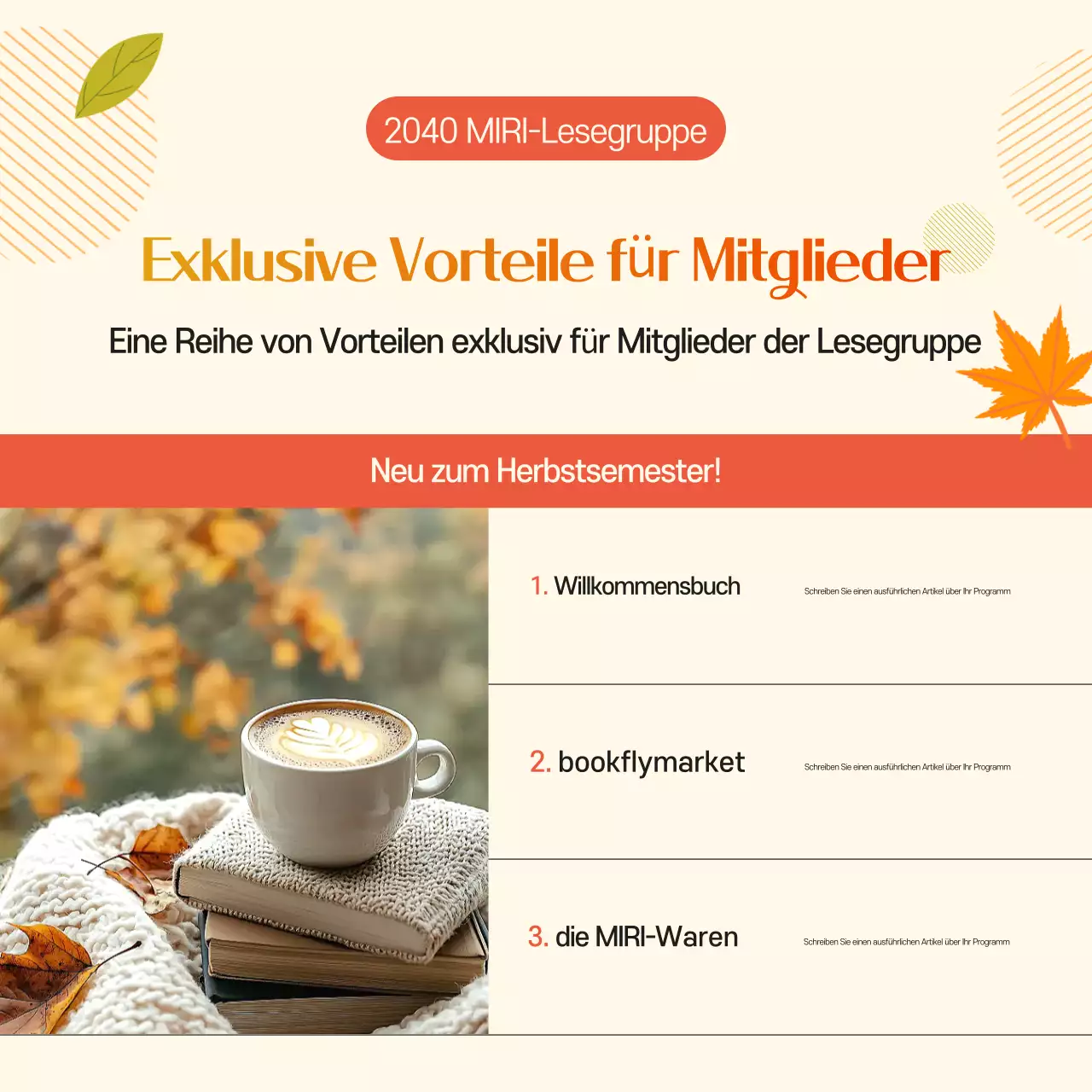 Eine niedliche orange-gelbe Herbstbuchclub-Werbeanzeige