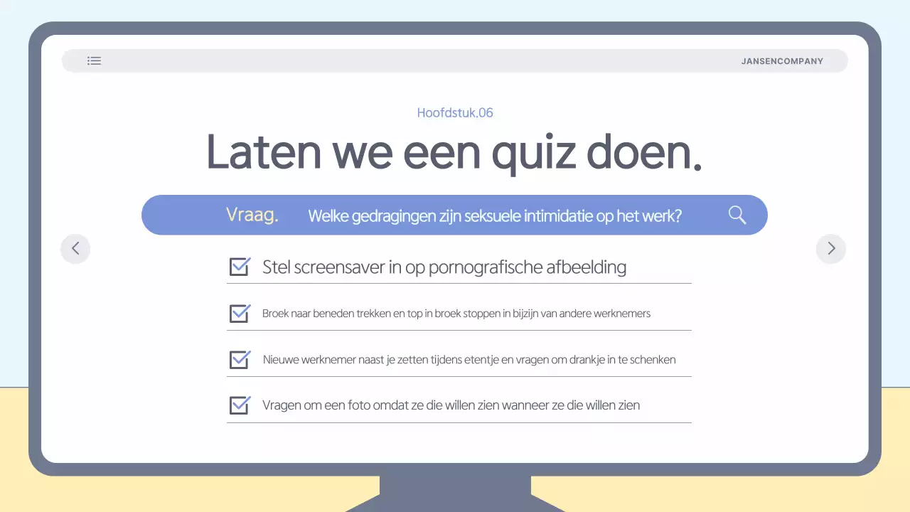 Eenvoudig, lichtblauw trainingsmateriaal voor preventie van intimidatie op de werkplek