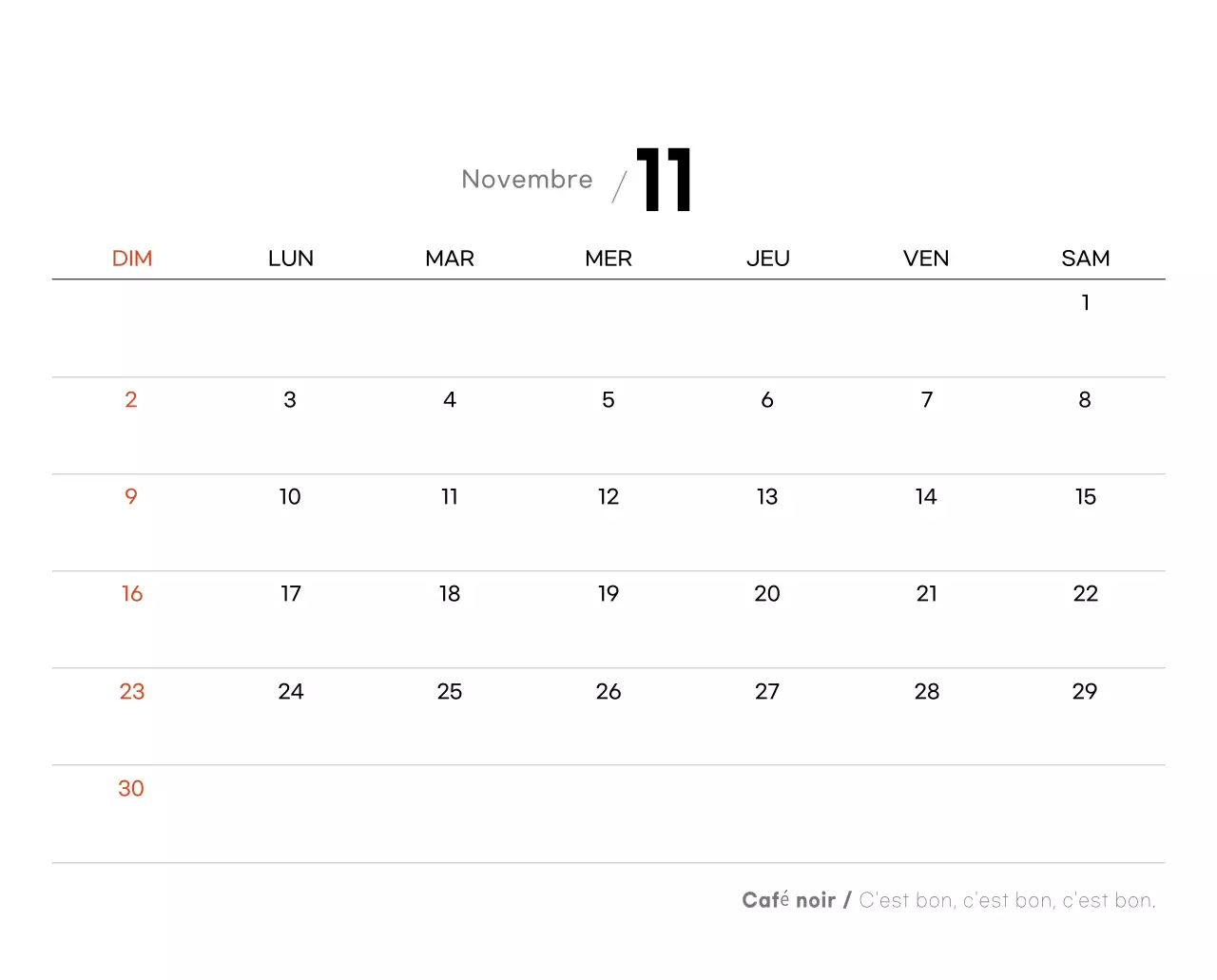 Calendrier minimaliste gris pour le café