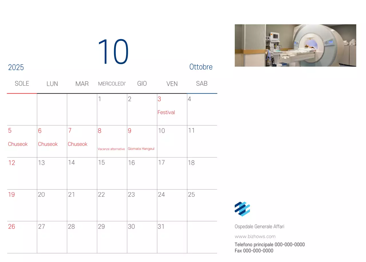 Calendario promozionale dell'ospedale semplice, bianco e blu