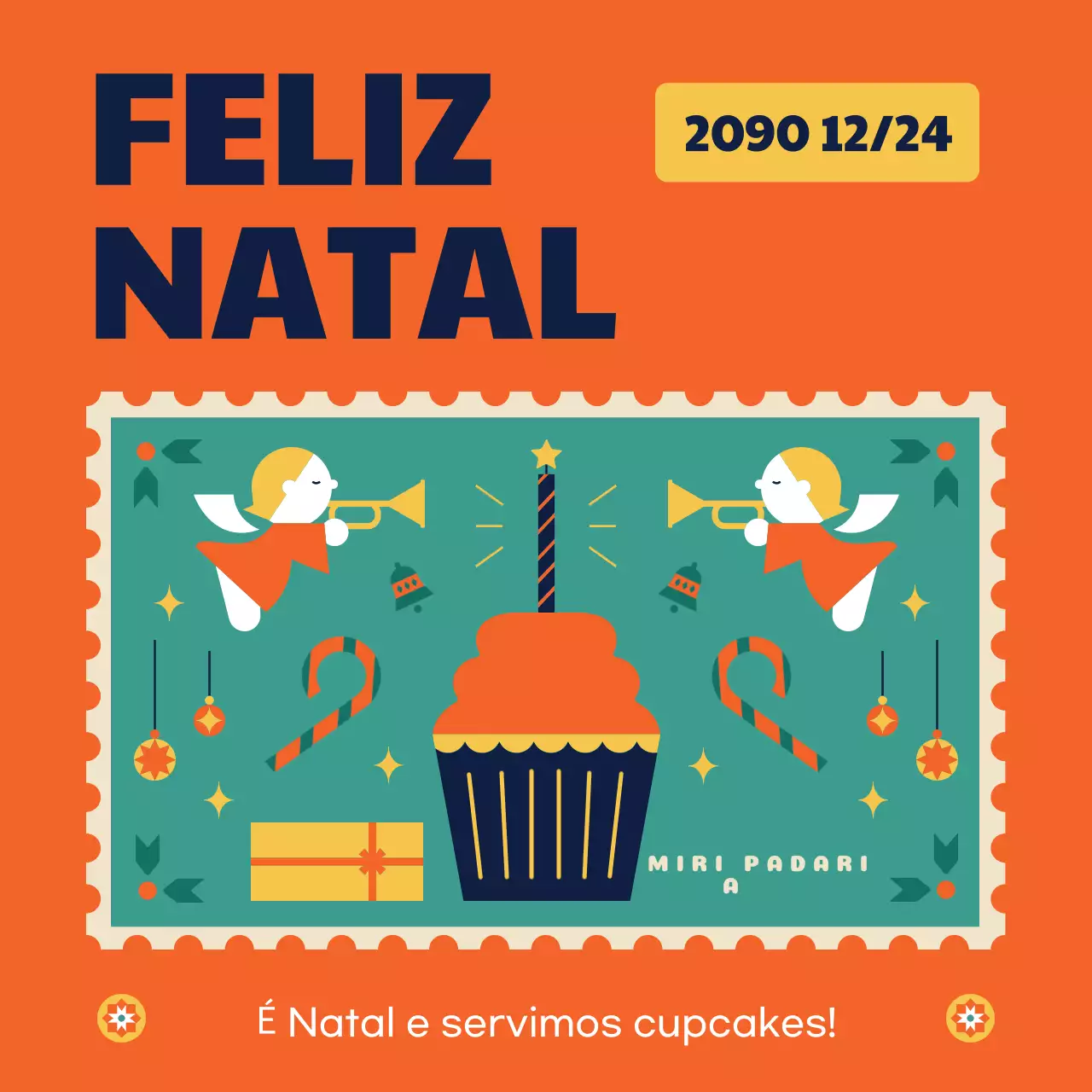 Anúncio de evento de Natal da empresa em laranja e amarelo