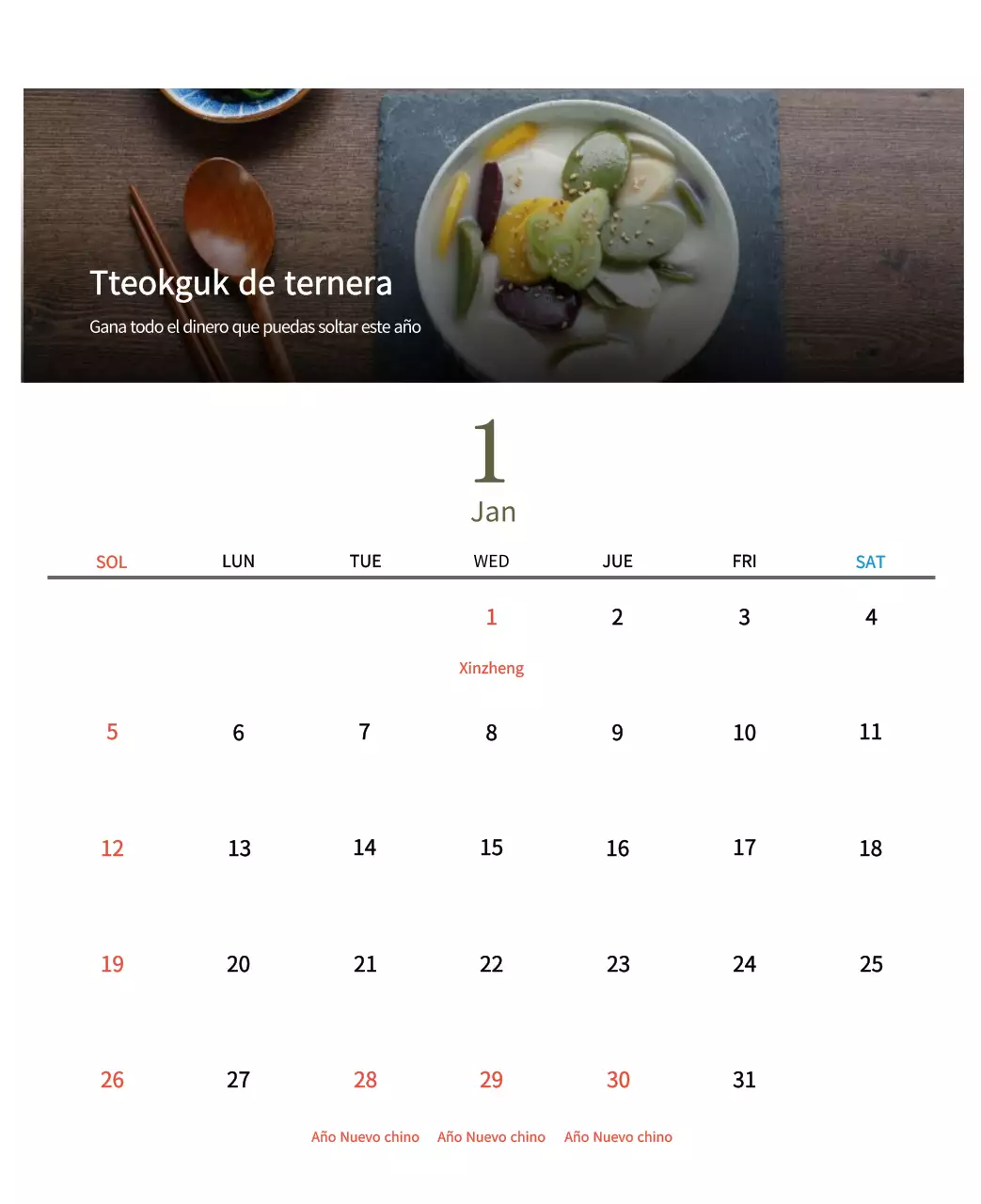 Calendario de comidas tradicionales en beige