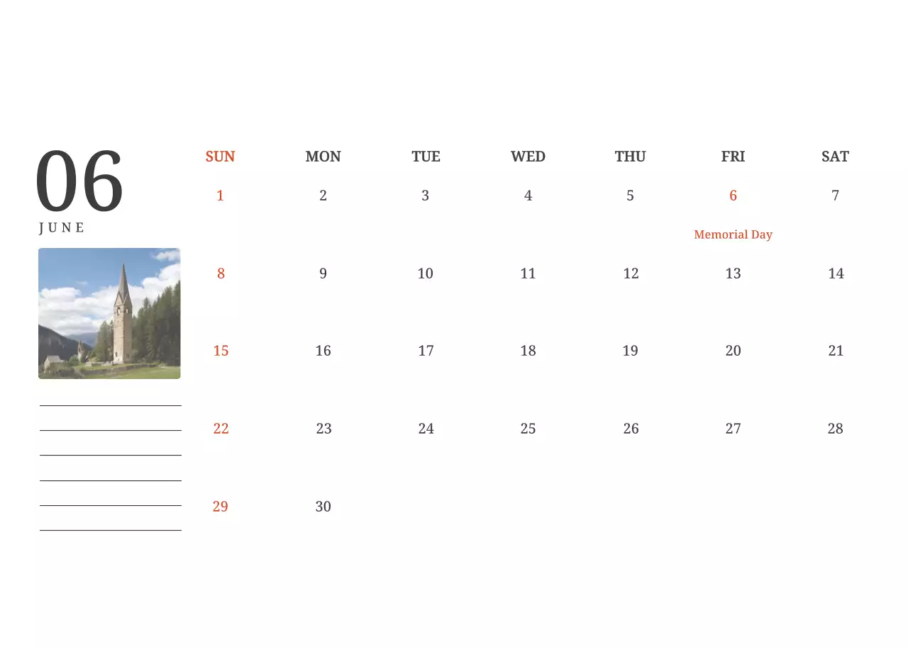 Kalender konsep fotografis yang menampilkan gereja dalam lukisan lanskap