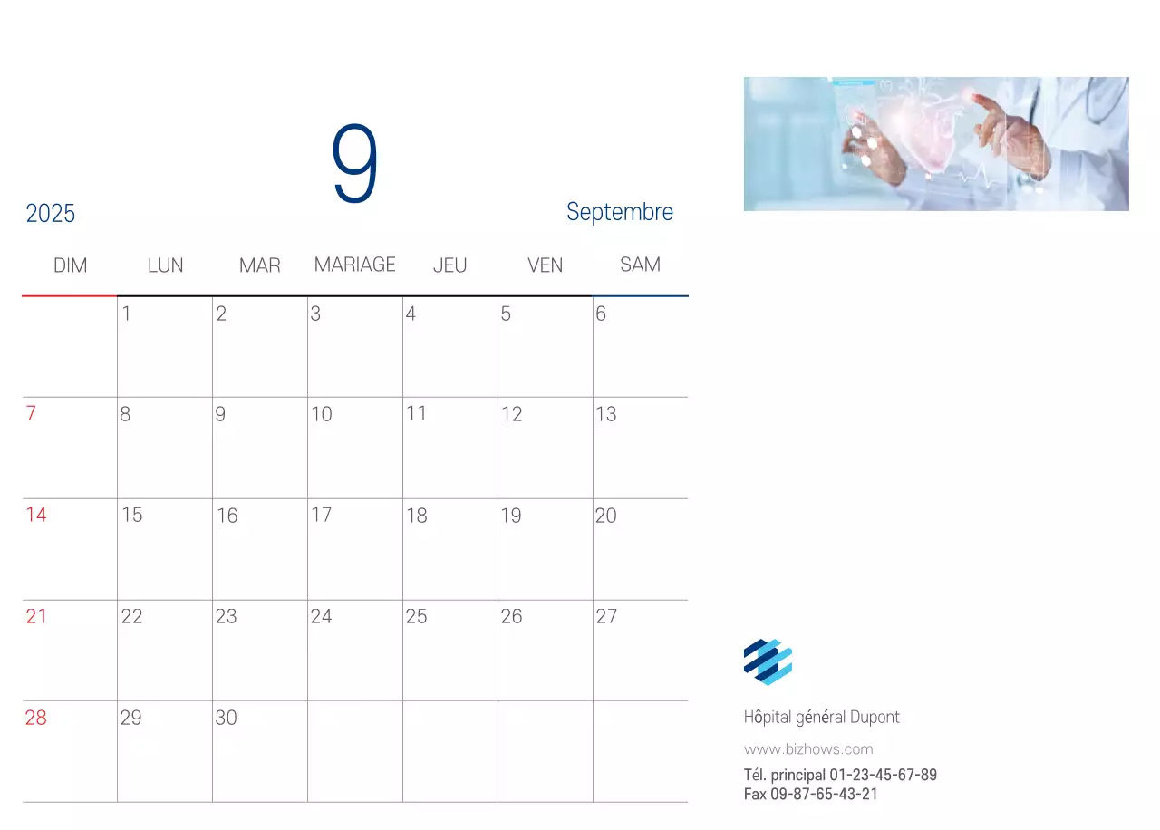 Calendrier promotionnel d'hôpital simple blanc marine
