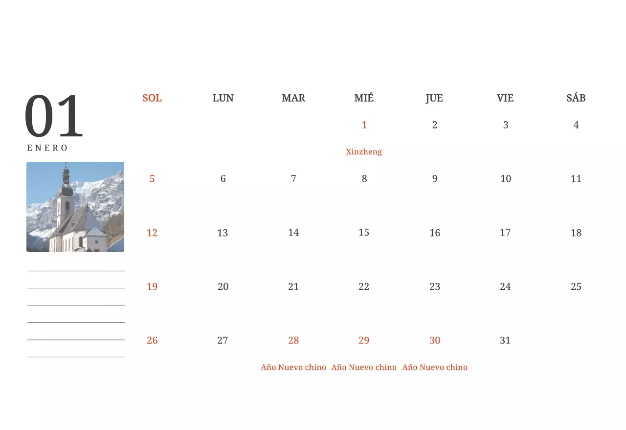 Un calendario conceptual fotográfico con iglesias pintadas en paisajes