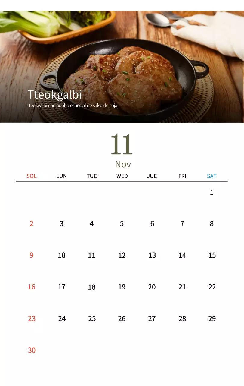 Calendario de comidas tradicionales en beige