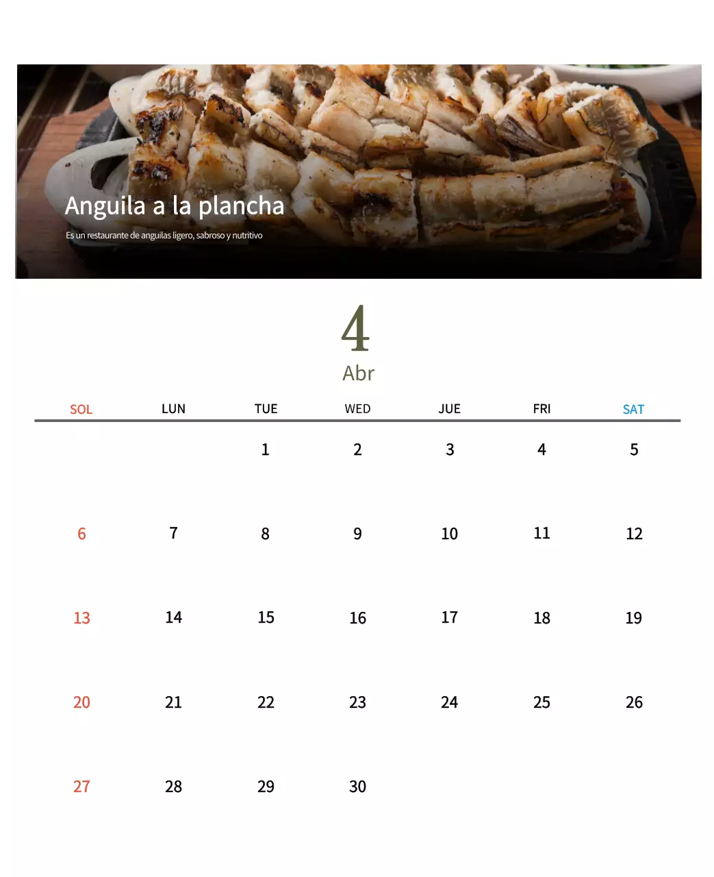 Calendario de comidas tradicionales en beige