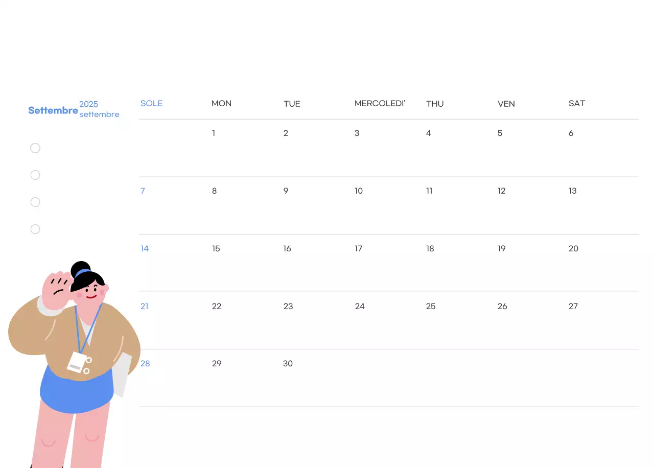 Calendario motivazionale con illustrazioni energetiche e citazioni positive su sfondo azzurro