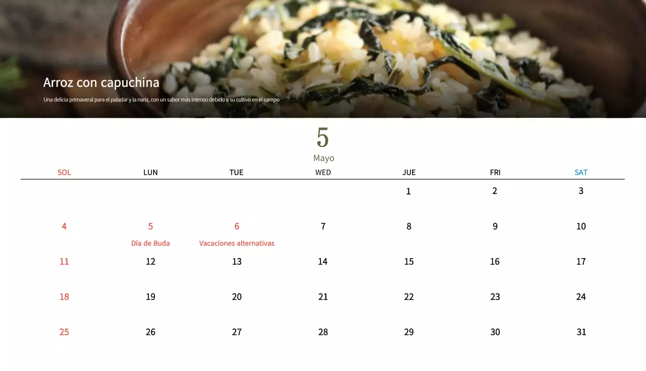 Calendario de comidas tradicionales en beige