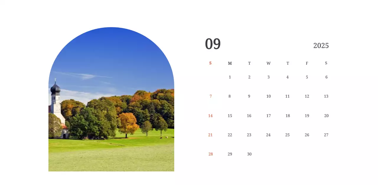 Un calendario conceptual fotográfico con iglesias pintadas en paisajes