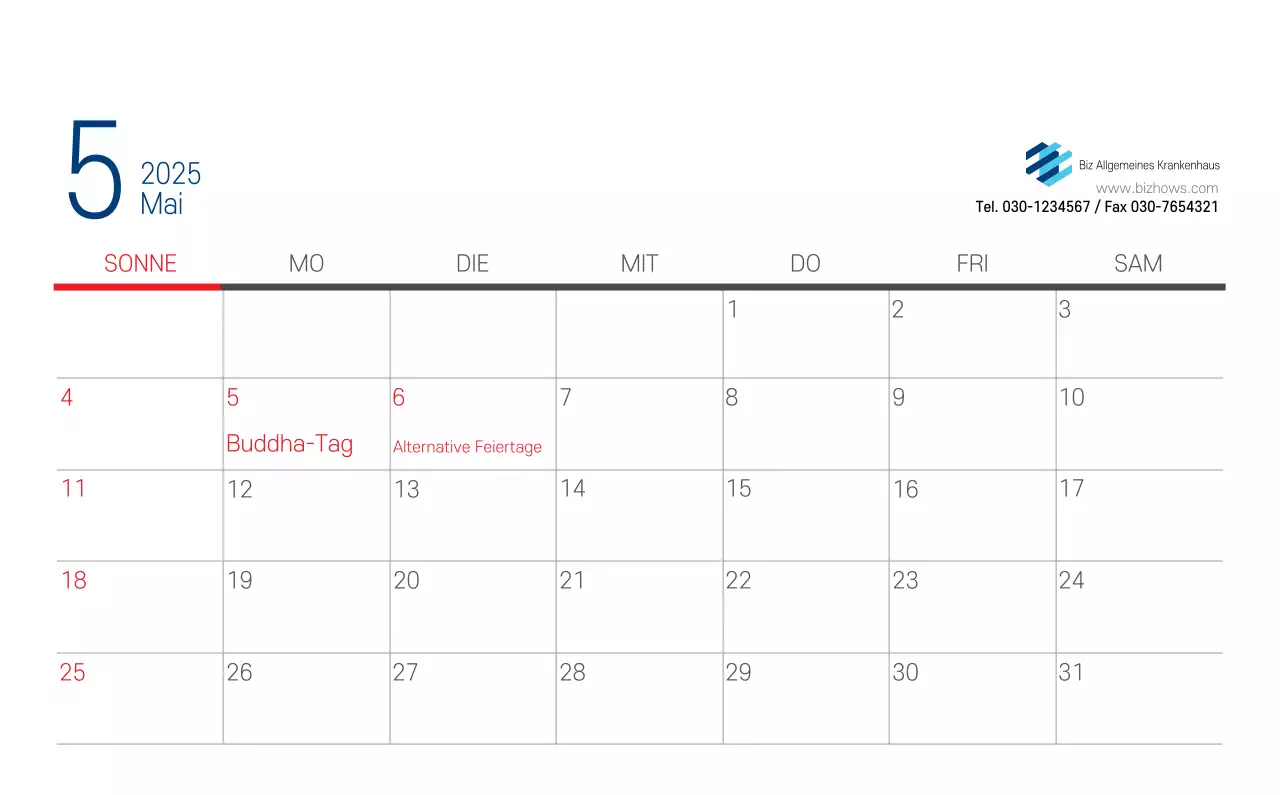 Marineblauer einfacher Krankenhaus-Werbekalender