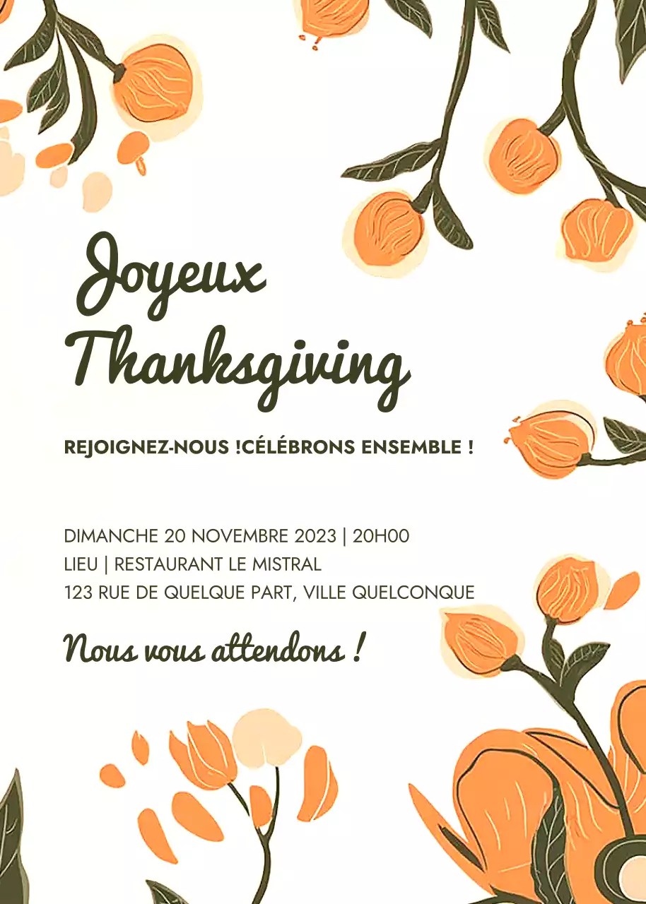 Invitation de Thanksgiving blanche, orange et florale