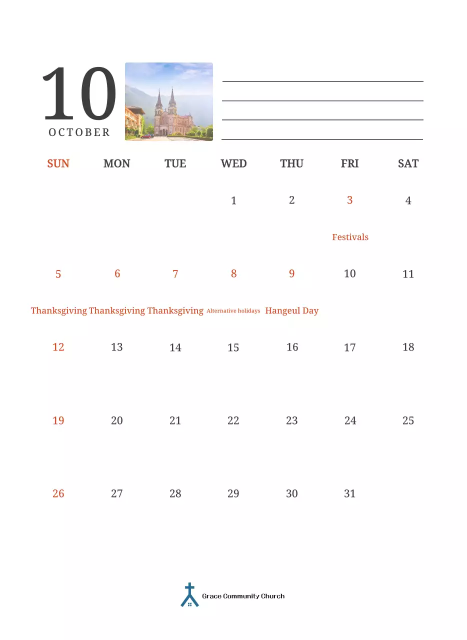 Kalender konsep fotografis yang menampilkan gereja dalam lukisan lanskap