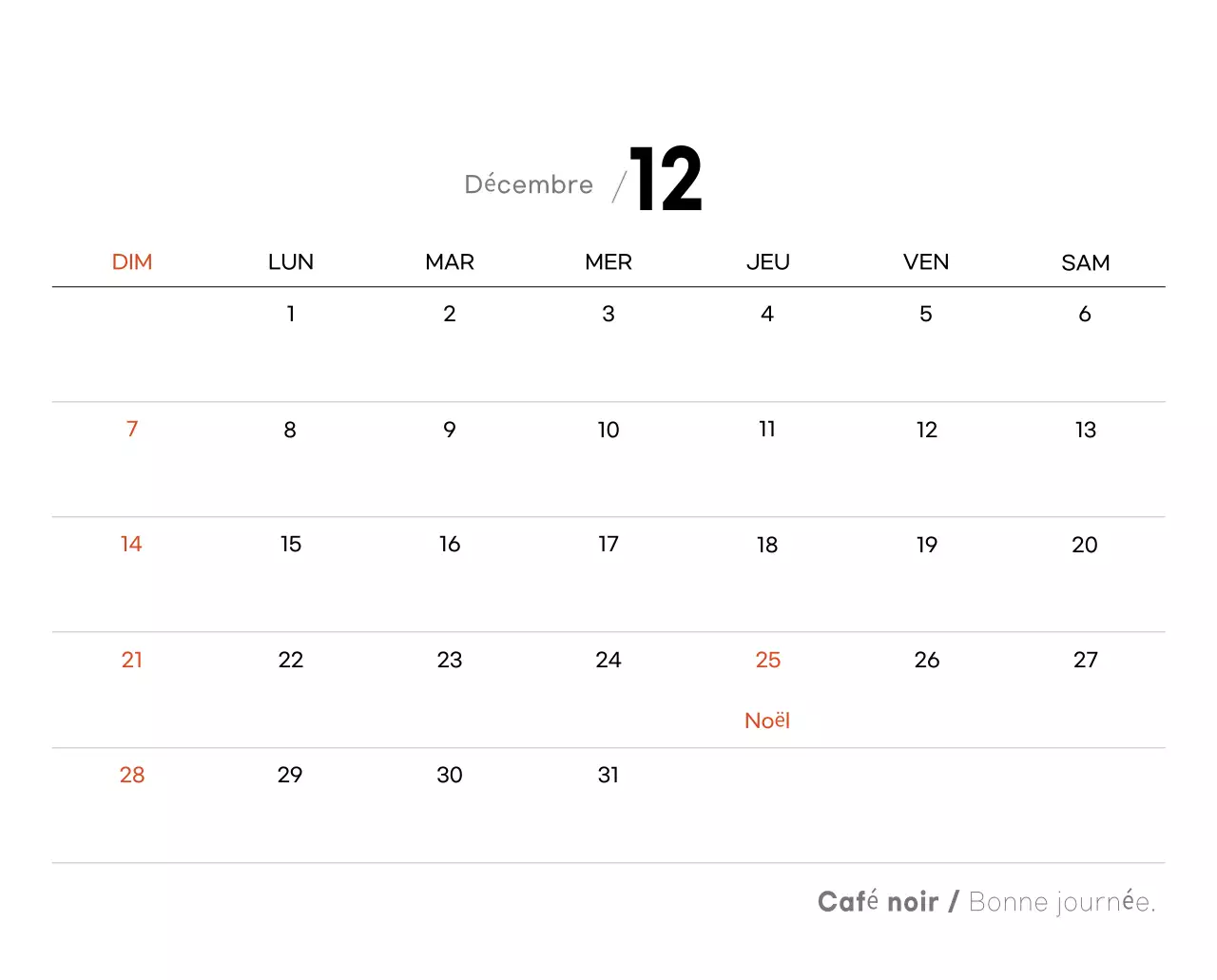 Calendrier minimaliste gris pour le café