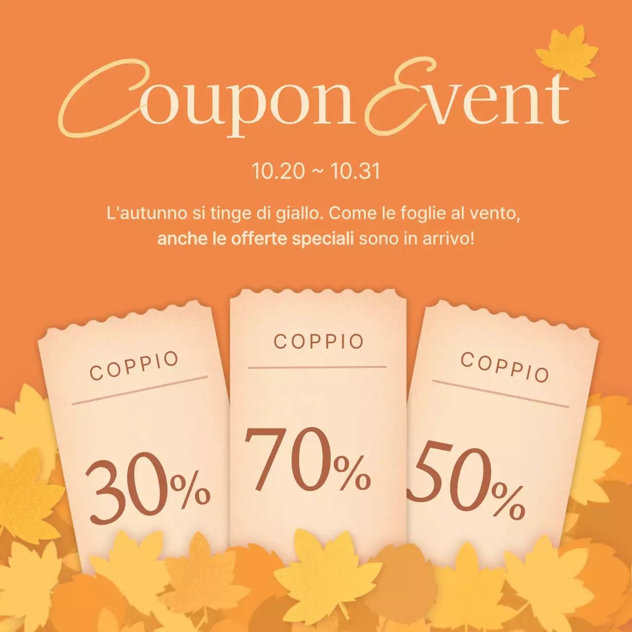 Promuovere eventi di couponing autunnale con foglie cadute arancioni e gialle