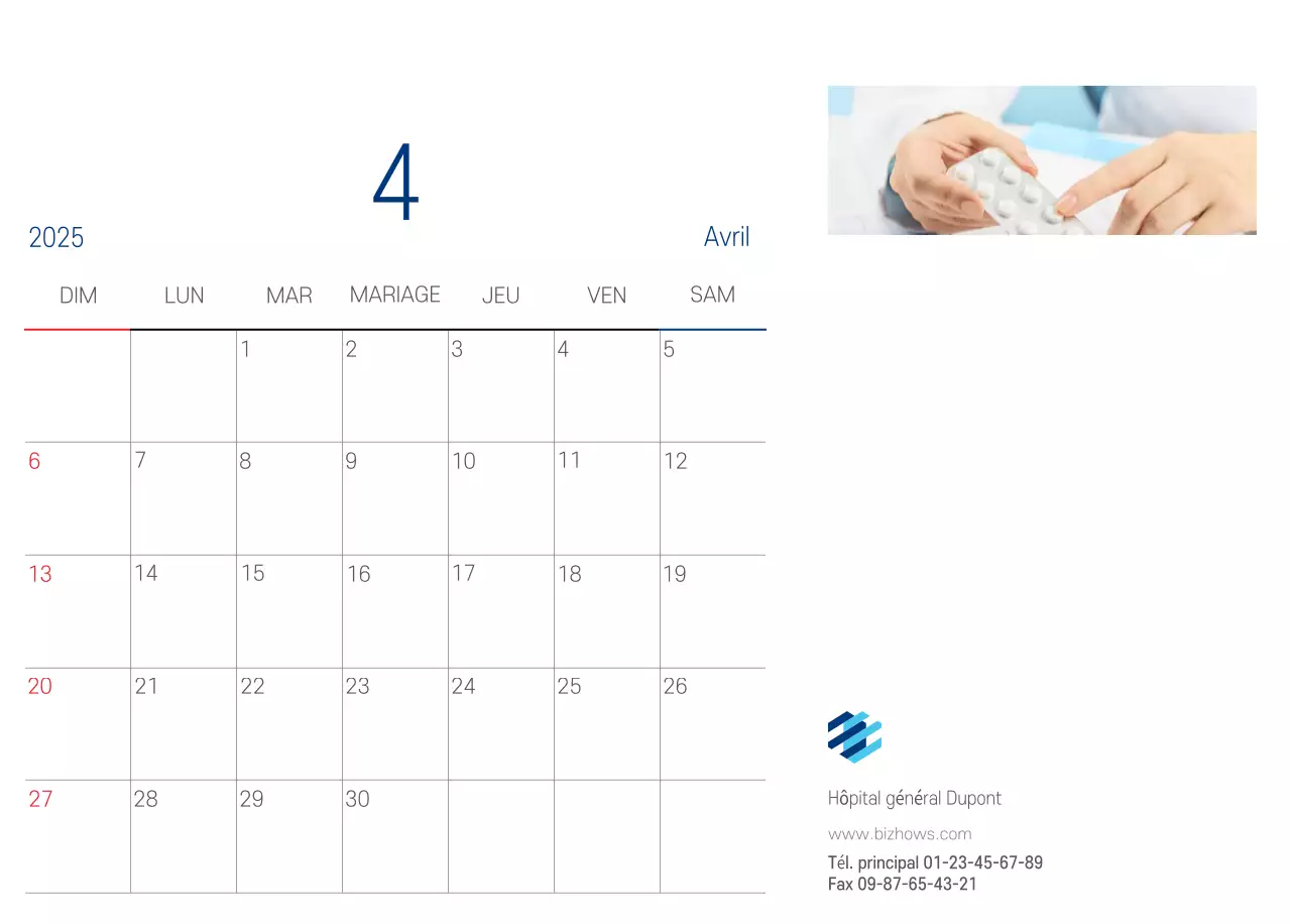 Calendrier promotionnel d'hôpital simple blanc marine