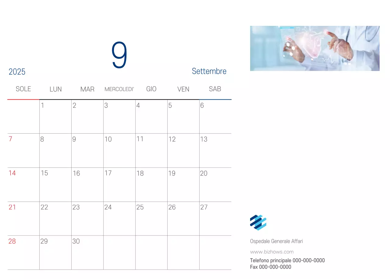 Calendario promozionale dell'ospedale semplice, bianco e blu