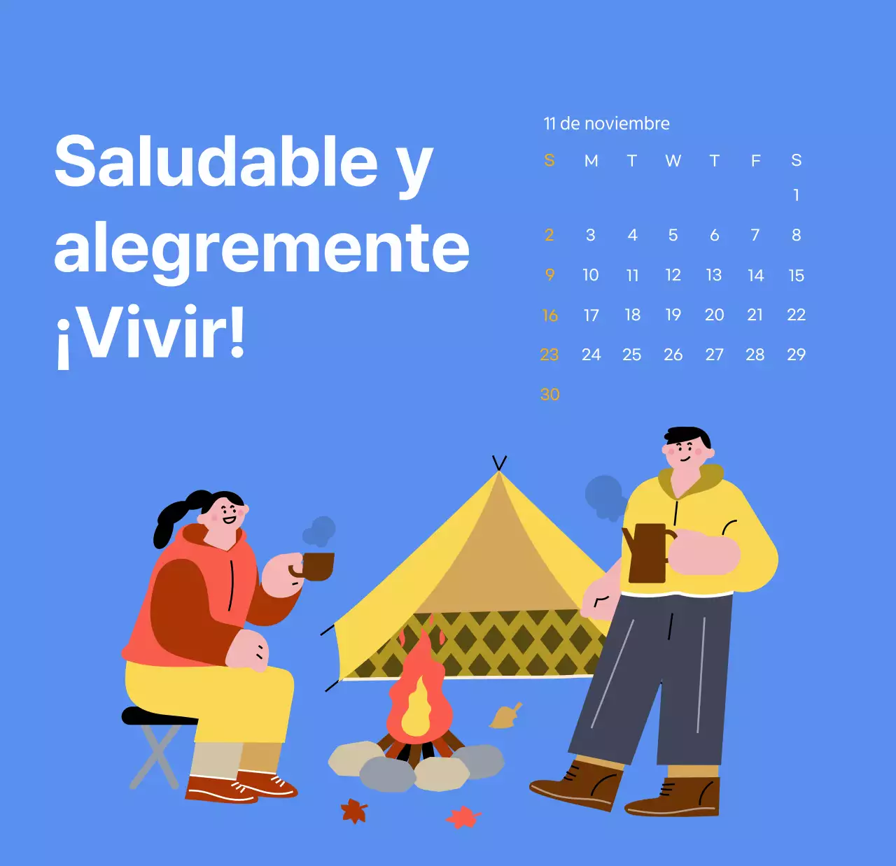 Calendario motivacional con ilustraciones llenas de energía y citas positivas sobre fondo azul claro