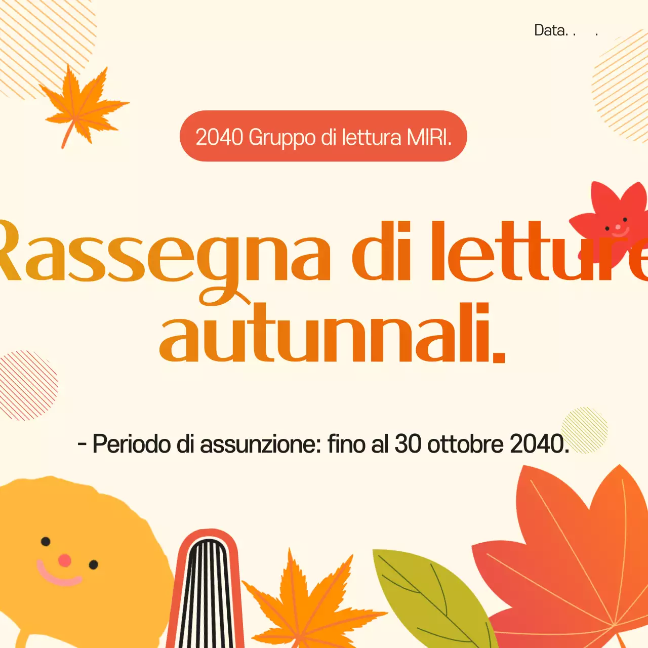 Un simpatico annuncio autunnale arancione e giallo per il reclutamento di un club del libro