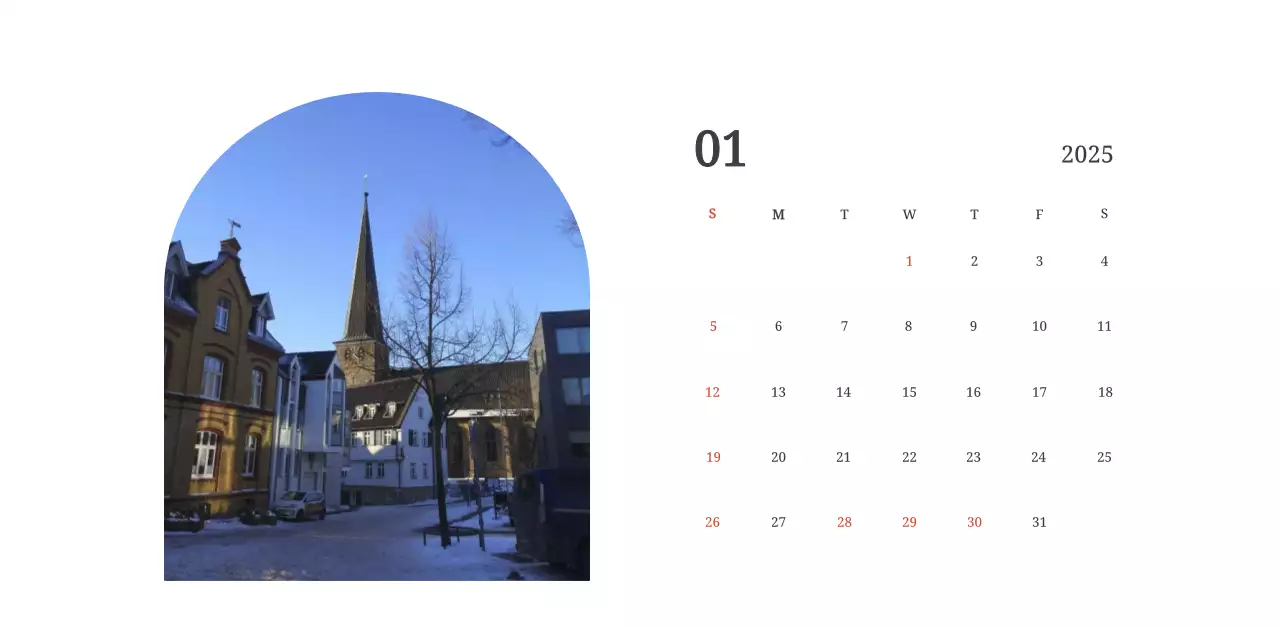 A photographic concept calendar featuring a church in a landscape painting