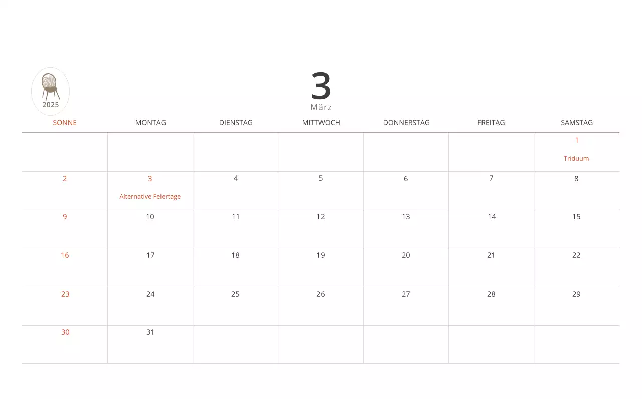 Beigefarbener minimalistischer Innenkalender