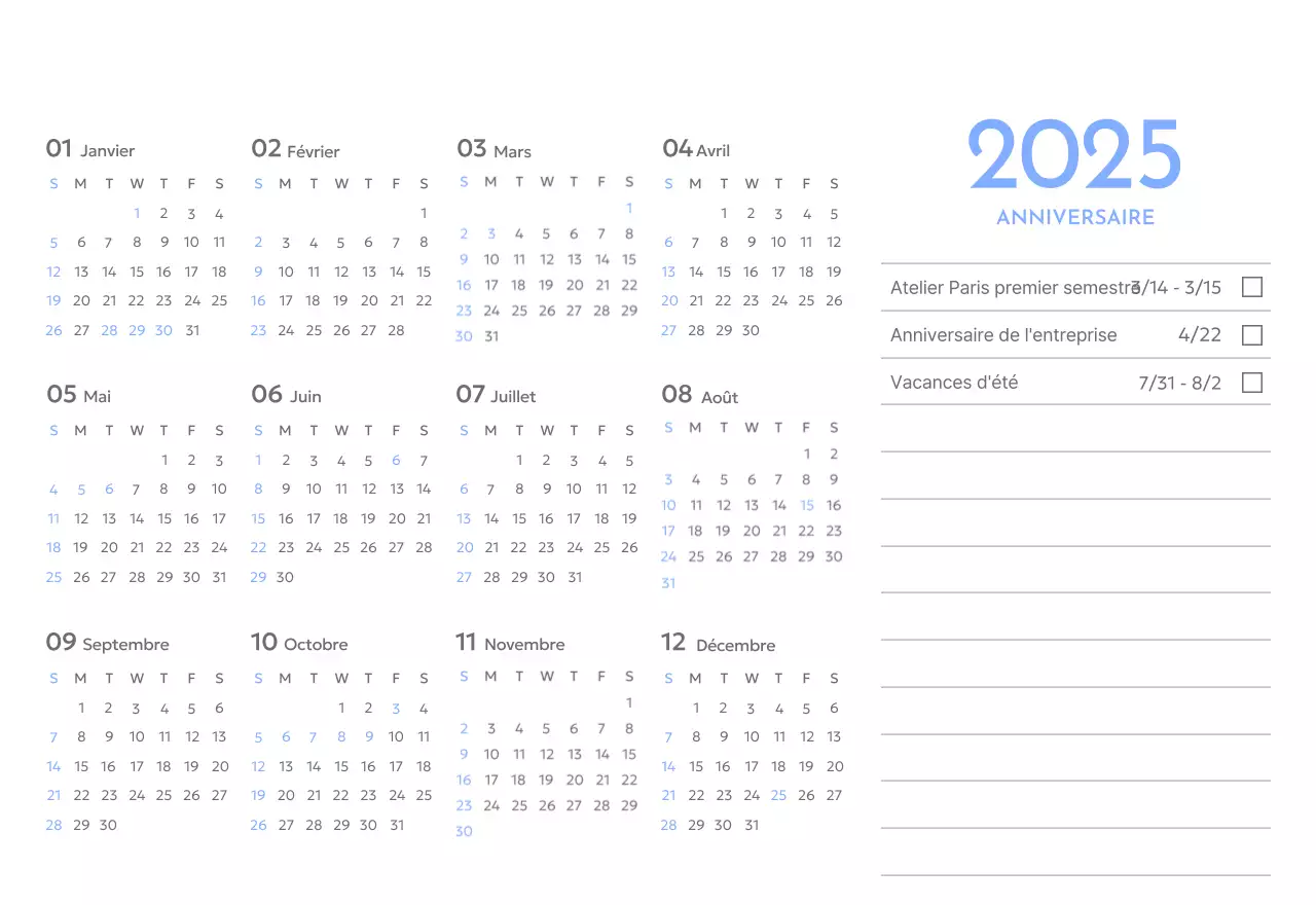 Calendrier photo de suivi des objectifs avec une touche de bleu