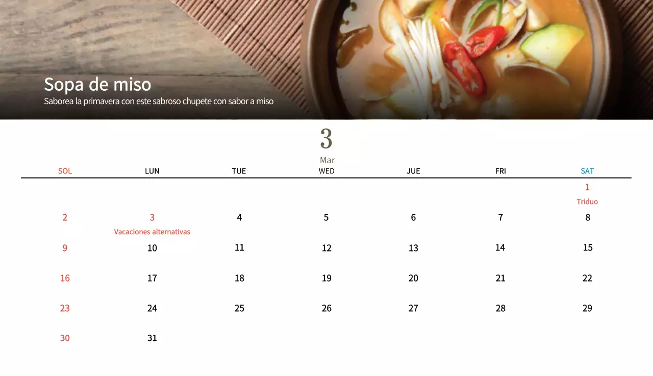 Calendario de comidas tradicionales en beige