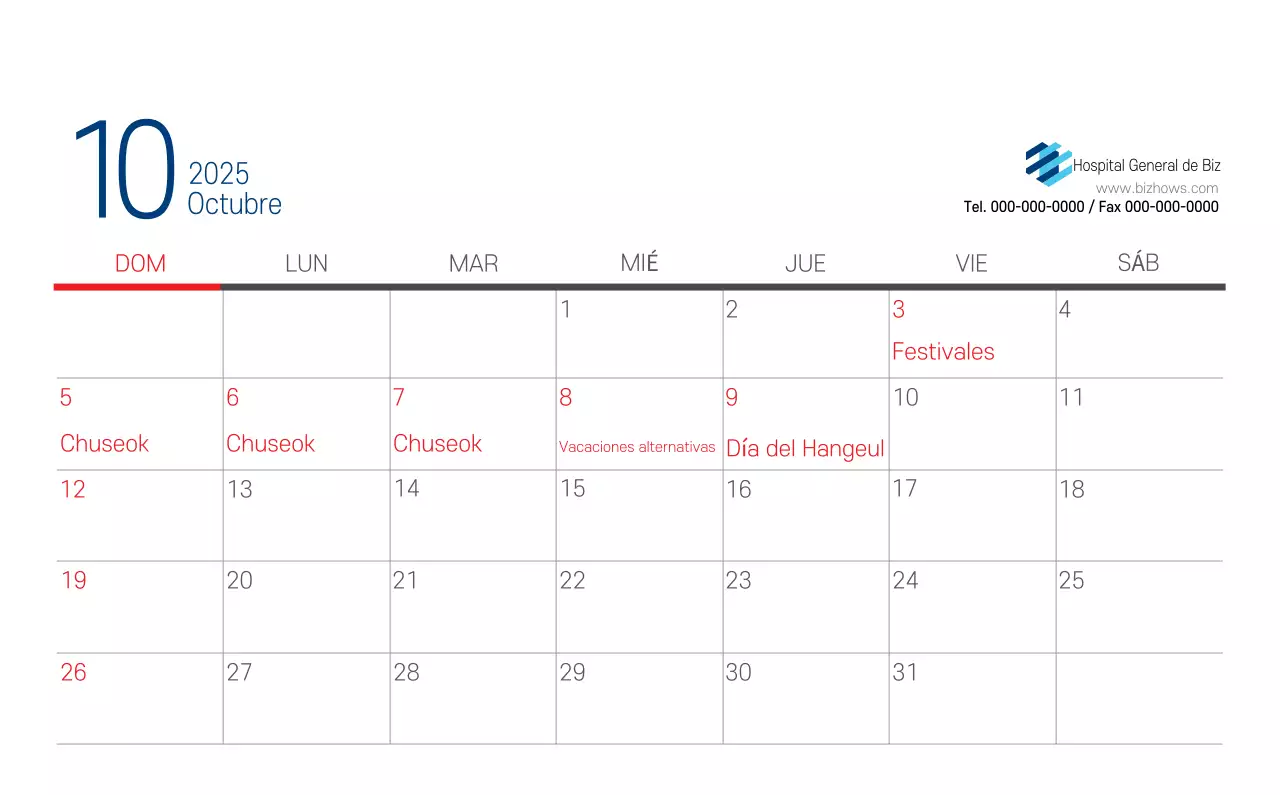 Calendario Promocional Hospital Navy White Simple