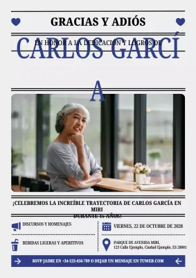 Invitación clásica azul de agradecimiento y despedida por la jubilación