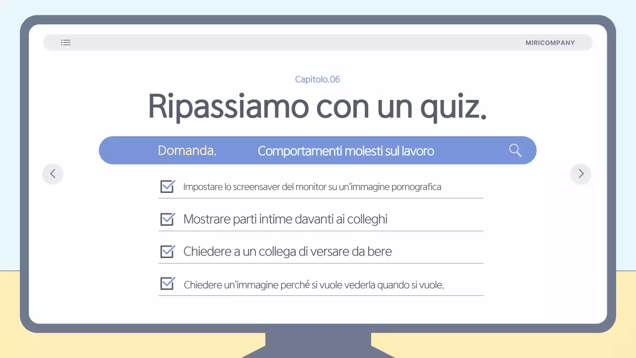 Materiale di formazione semplice e di colore azzurro per la prevenzione delle molestie sul luogo di lavoro