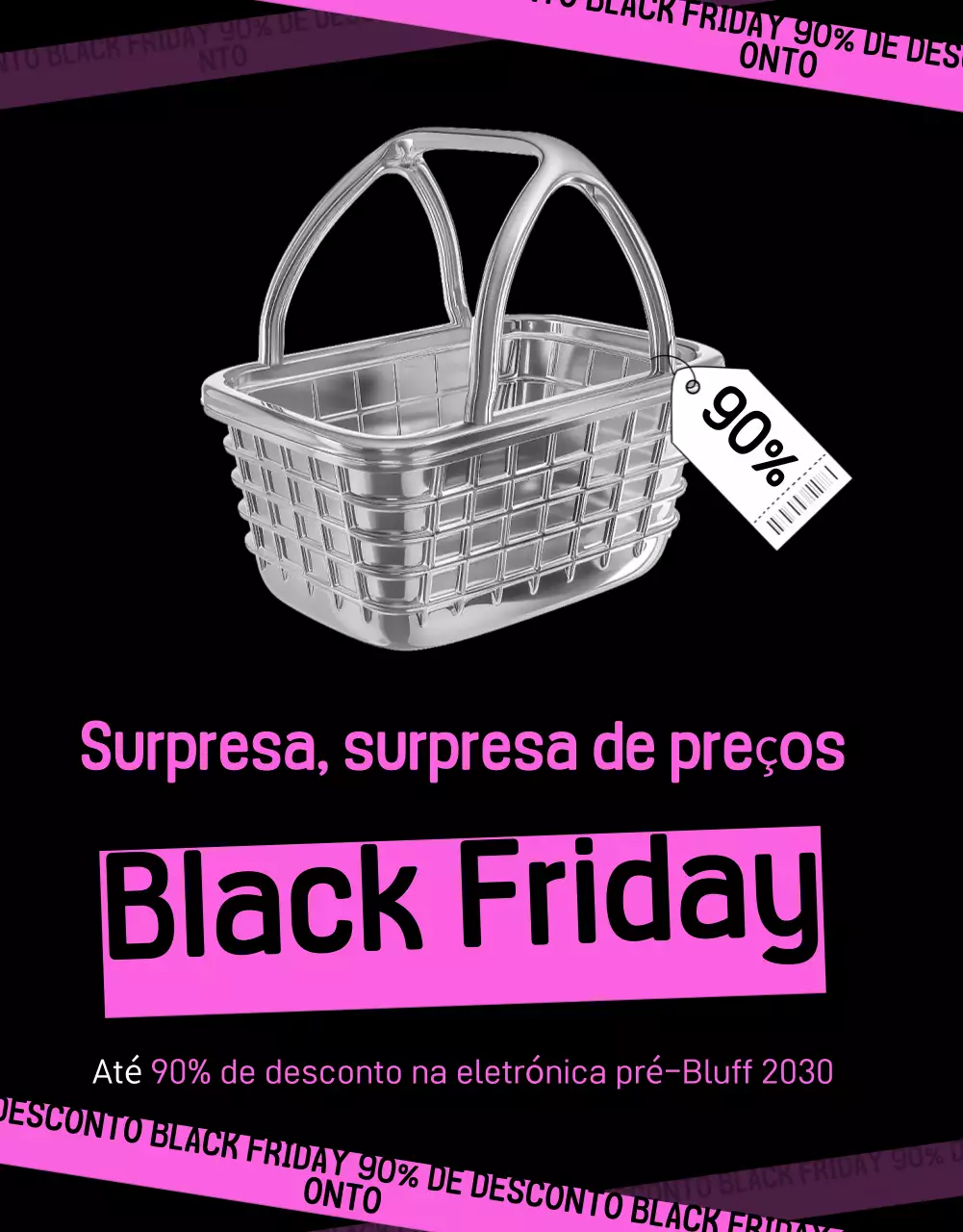 Anúncio kitsch do evento de saldos da Black Friday em preto e rosa choque