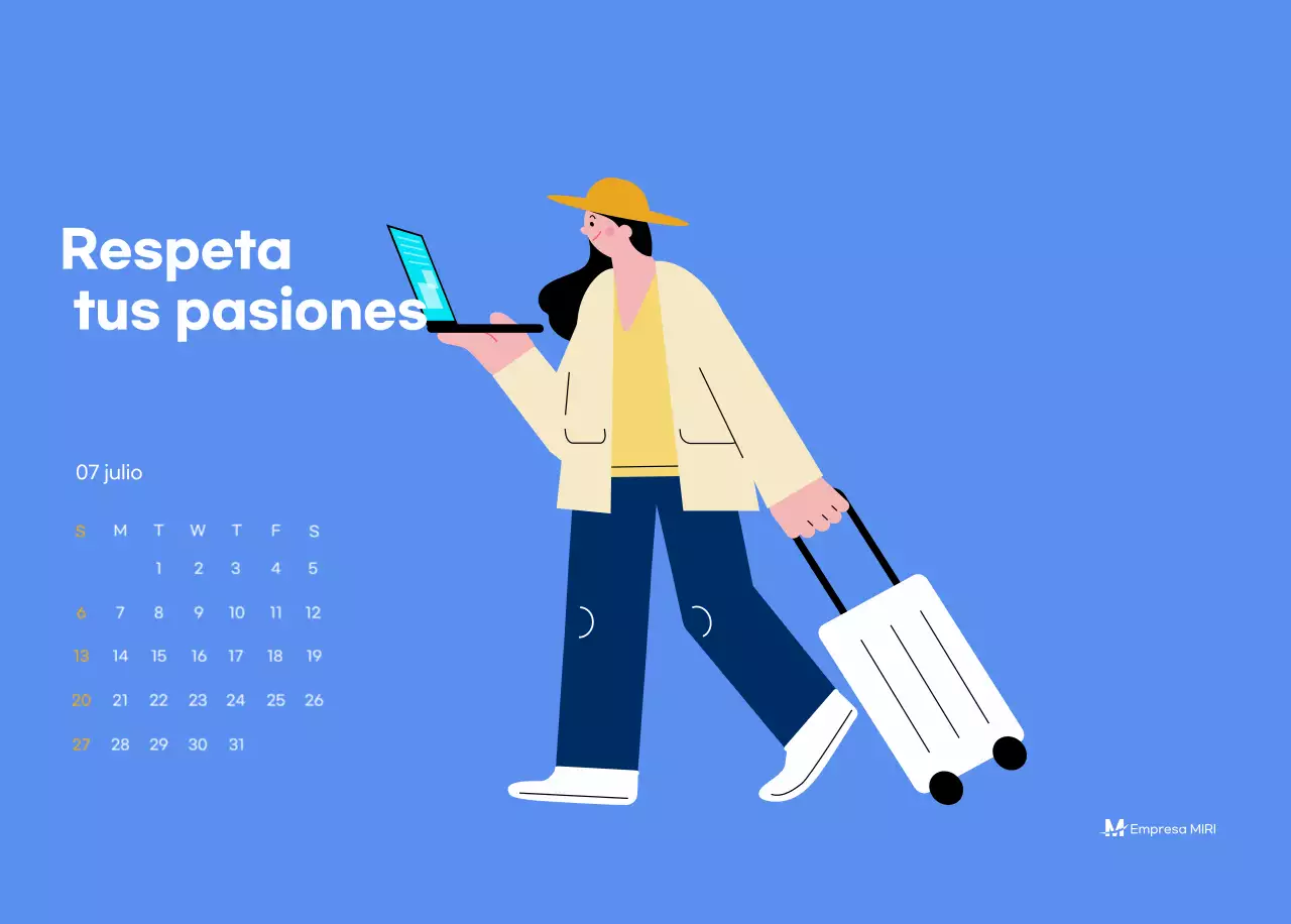 Calendario motivacional con ilustraciones llenas de energía y citas positivas sobre fondo azul claro