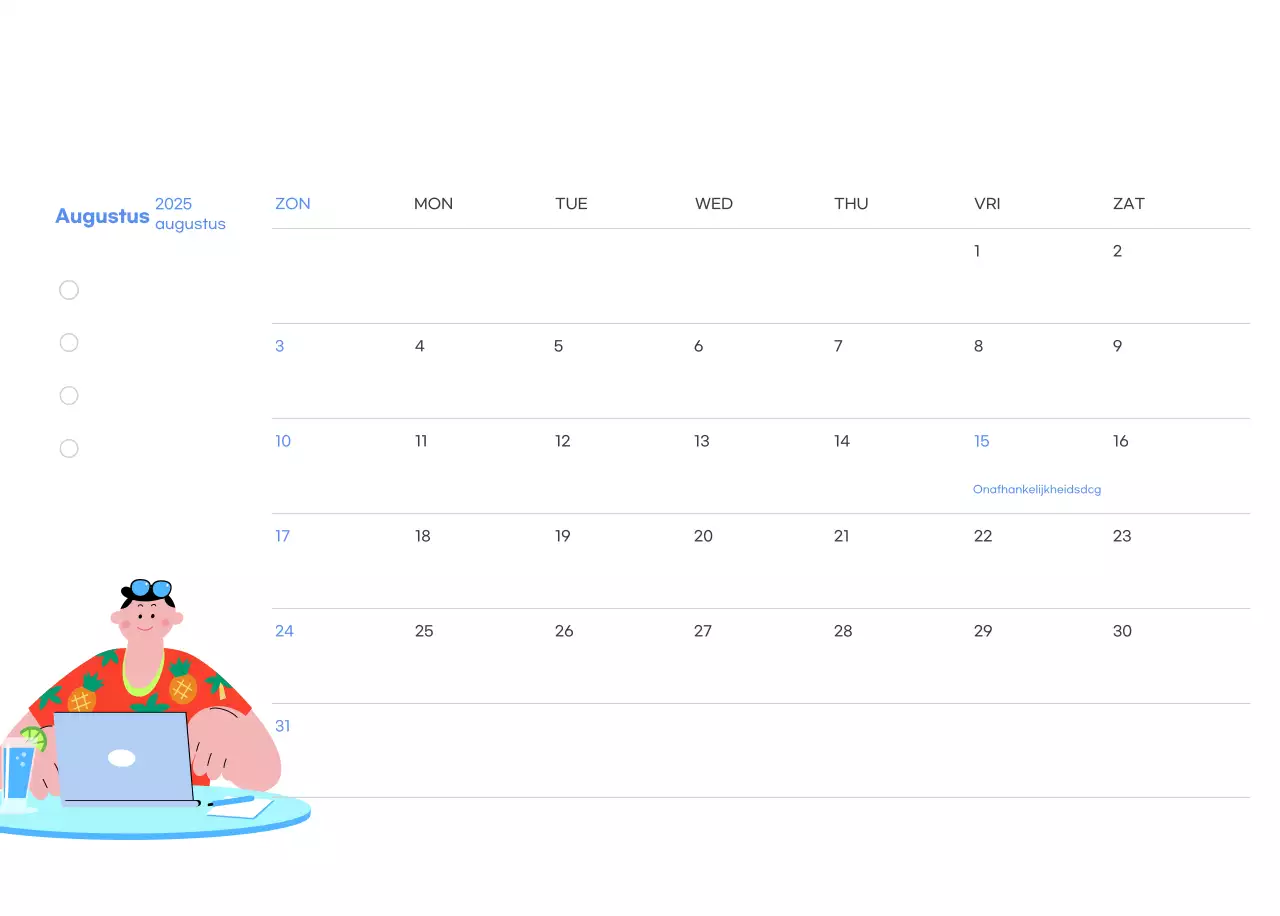 Motiverende kalender met energieke illustraties en positieve citaten op een lichtblauwe achtergrond