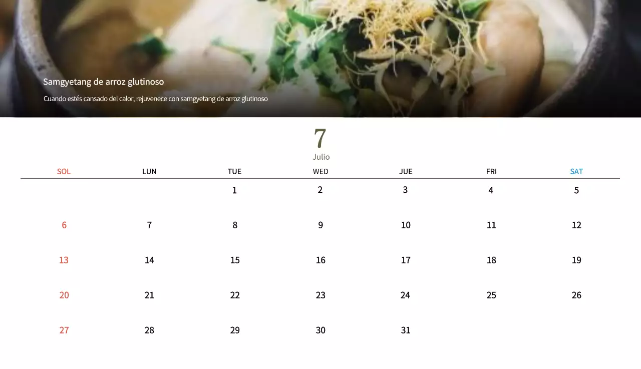 Calendario de comidas tradicionales en beige