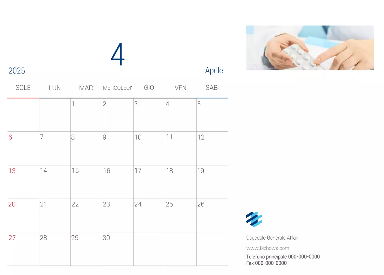 Calendario promozionale dell'ospedale semplice, bianco e blu