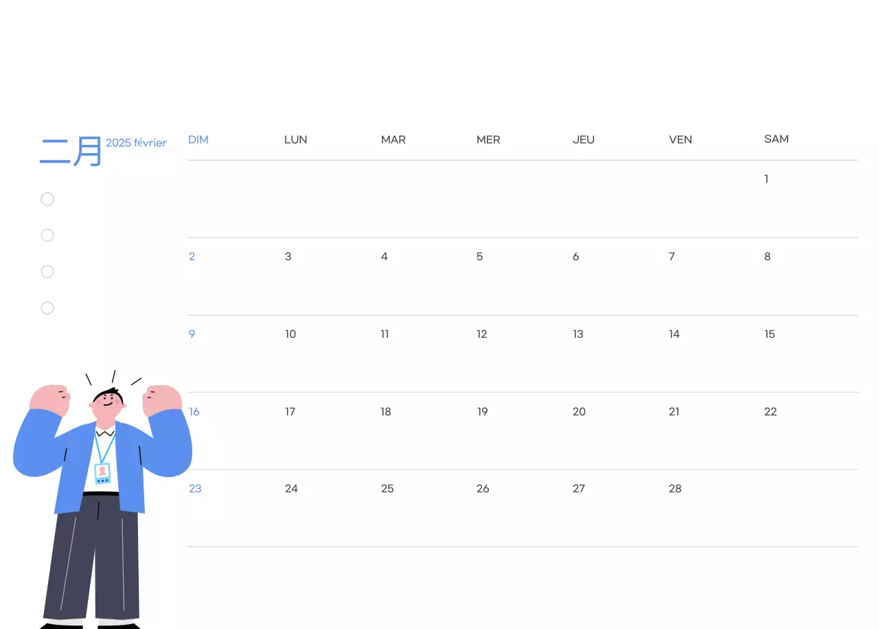 Calendrier de motivation avec des illustrations énergiques et des citations positives sur un fond bleu clair