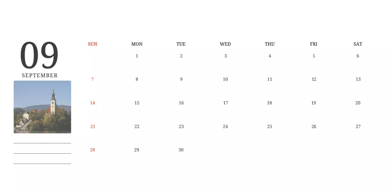 A photographic concept calendar featuring a church in a landscape painting