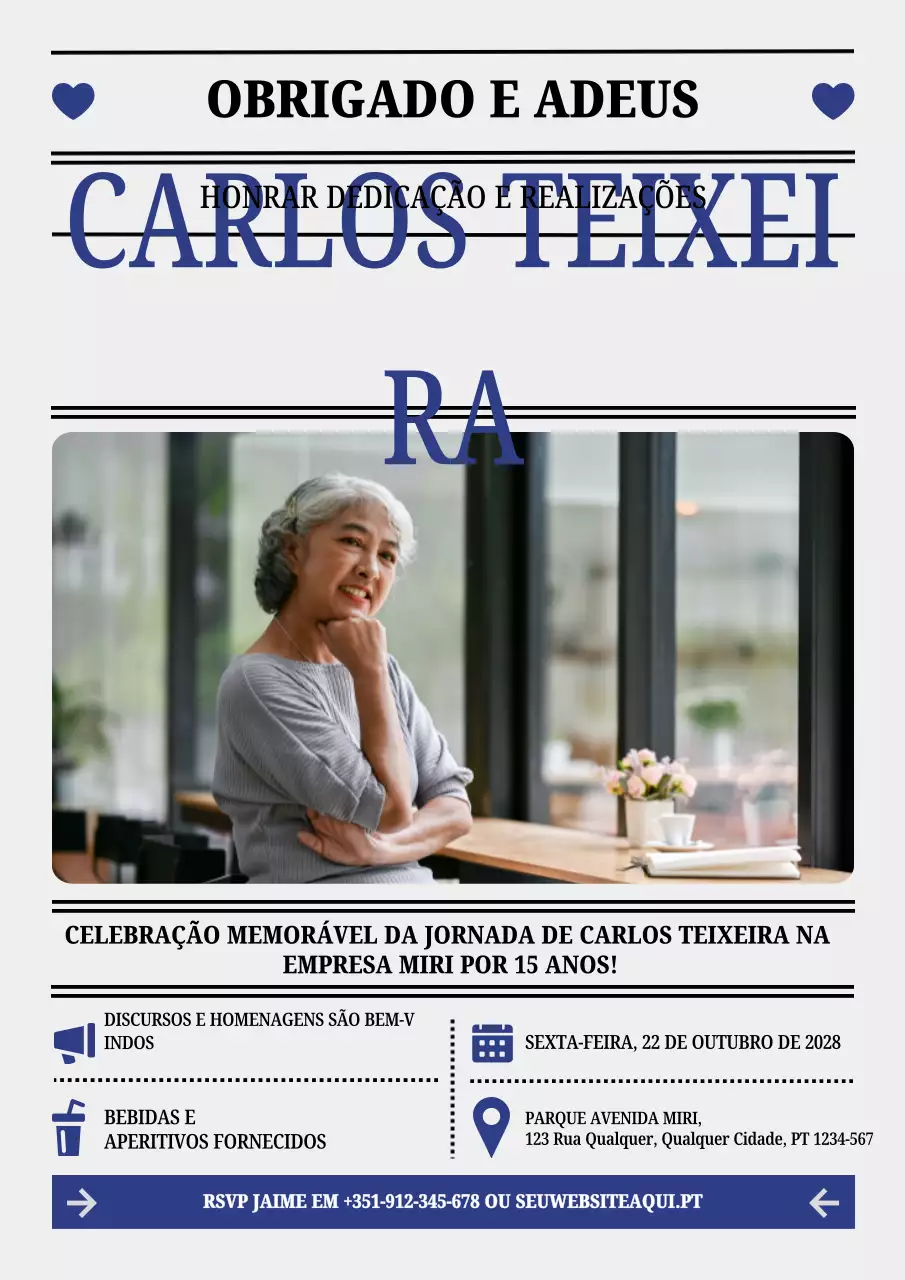 Convite de despedida e de agradecimento de reforma clássico azul