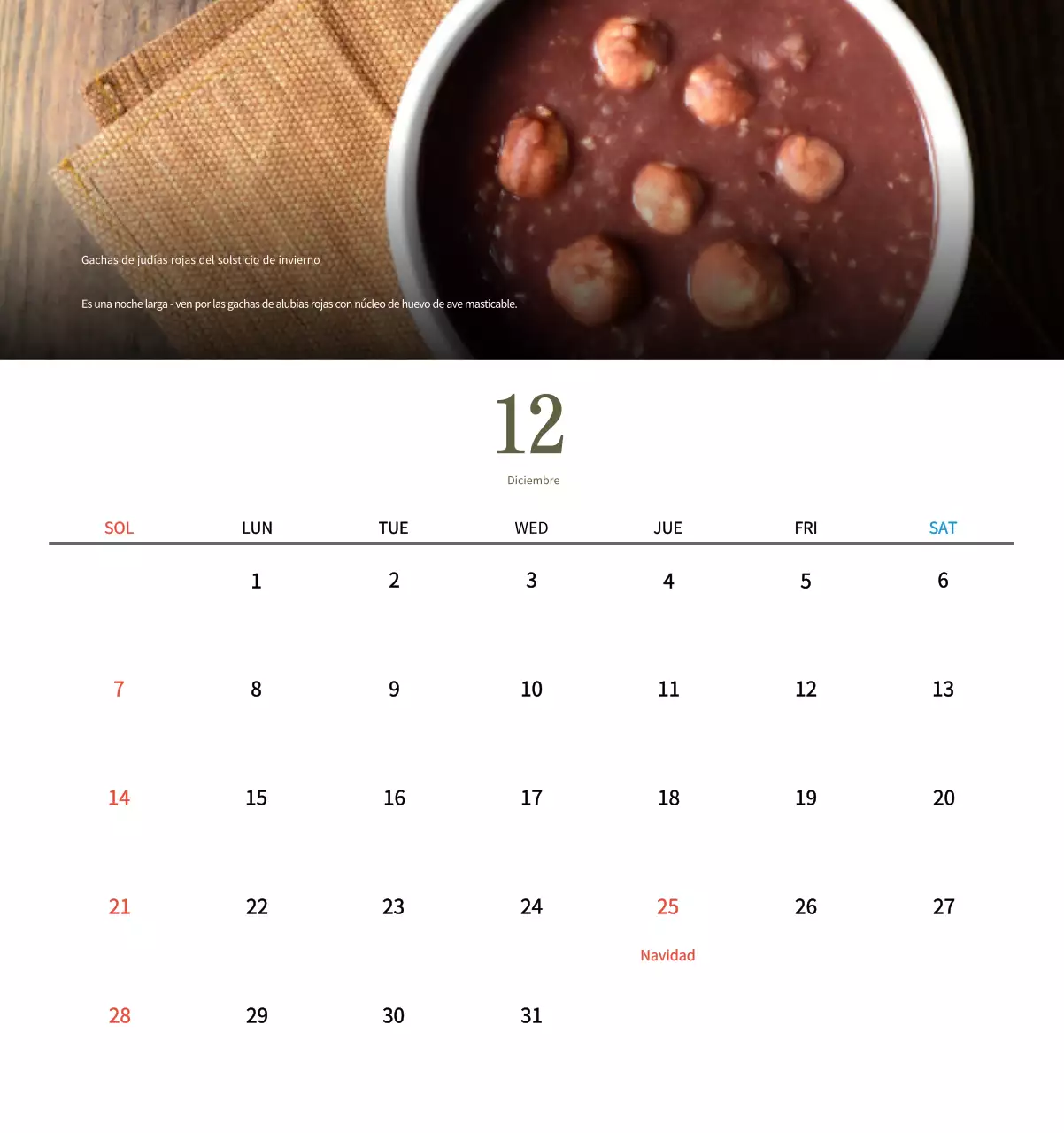 Calendario de comidas tradicionales en beige