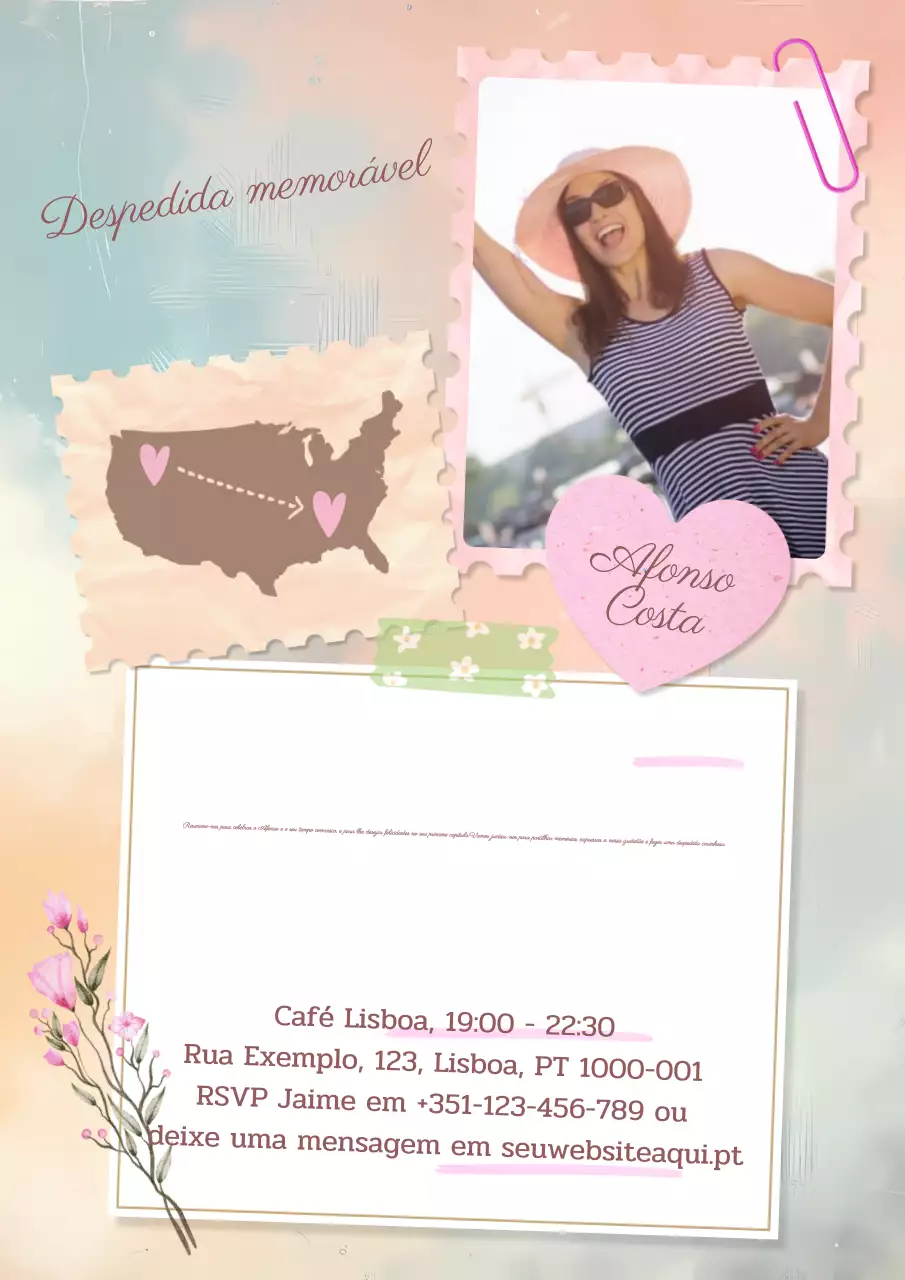 Convite de festa de despedida em tons pastel para álbum de recortes vintage