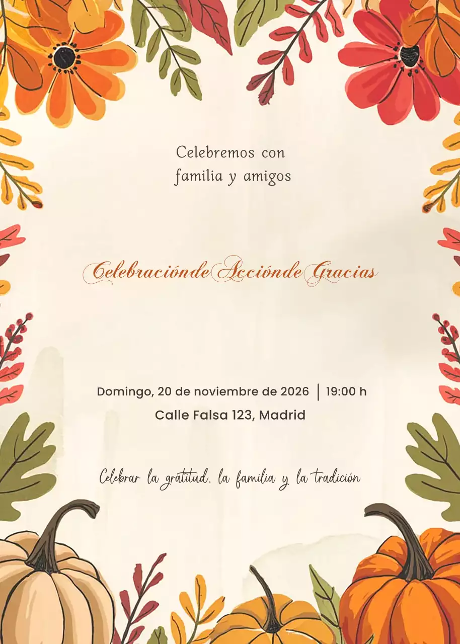 Invitación tradicional naranja para la celebración de Acción de Gracias