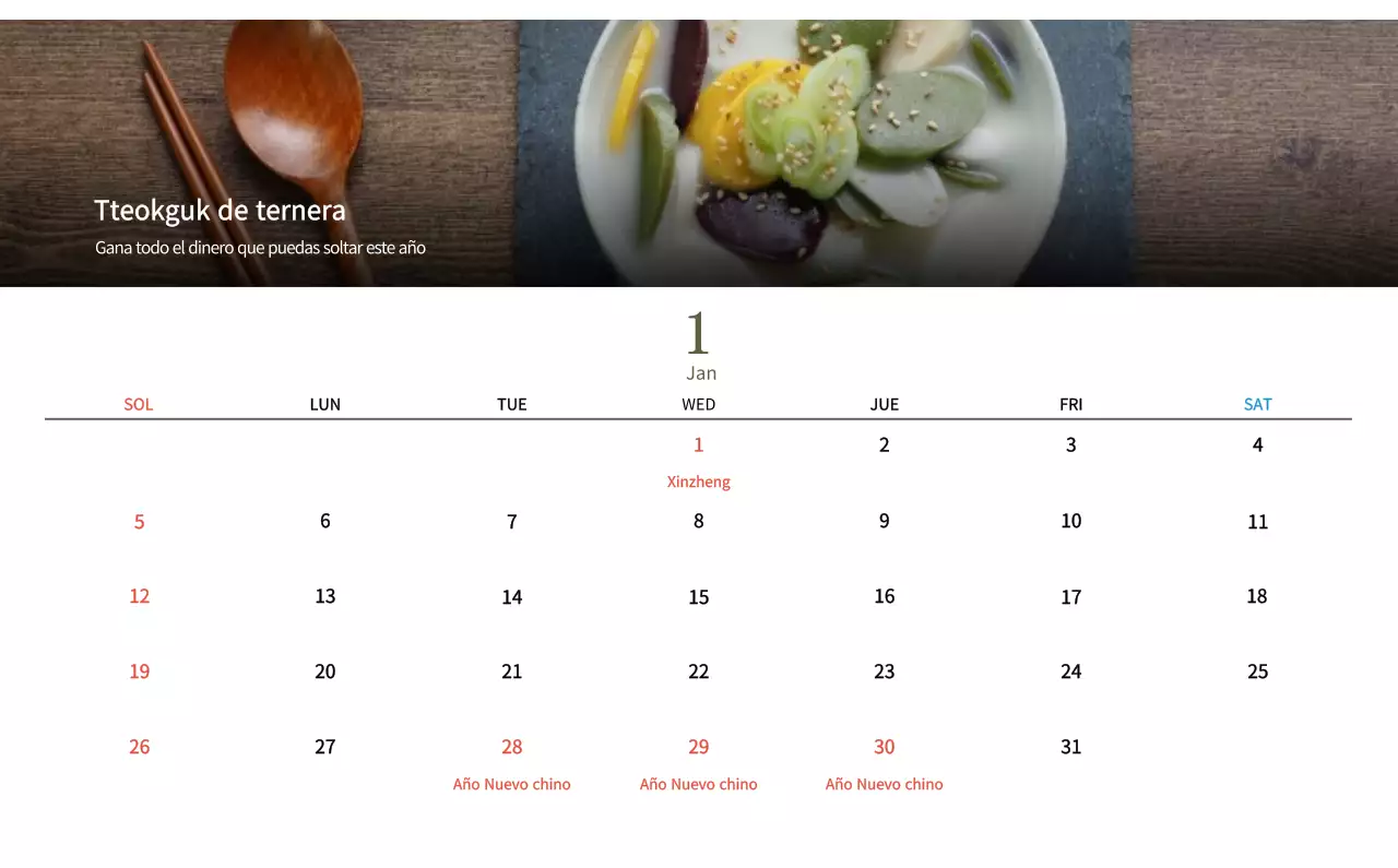 Calendario de comidas tradicionales en beige
