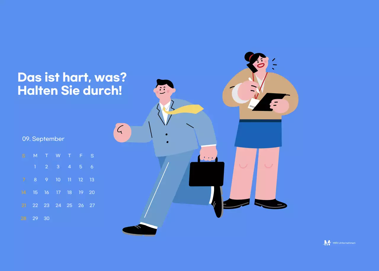 Motivationskalender mit energiegeladenen Illustrationen und positiven Zitaten auf hellblauem Hintergrund