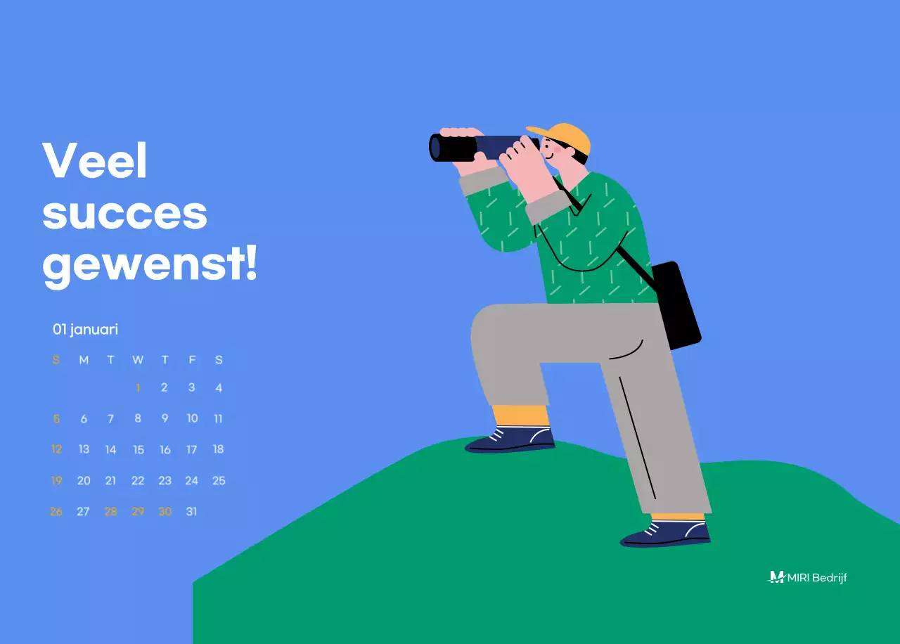 Motiverende kalender met energieke illustraties en positieve citaten op een lichtblauwe achtergrond